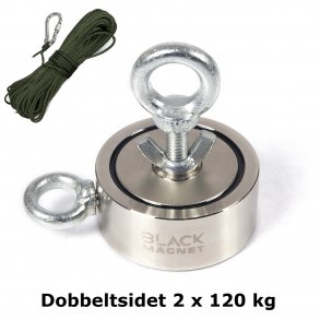 Fiskemagnet dobbeltsidet 2x120 kg m/ 30 meter 4 mm reb